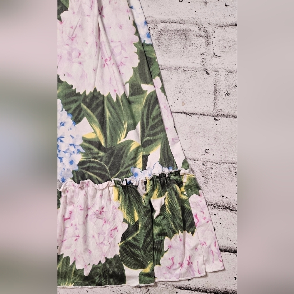 HQ Fashion Green Floral Hydrangea Dress Puff Sleeve Ruffle Hem L - Picture 8 of 12